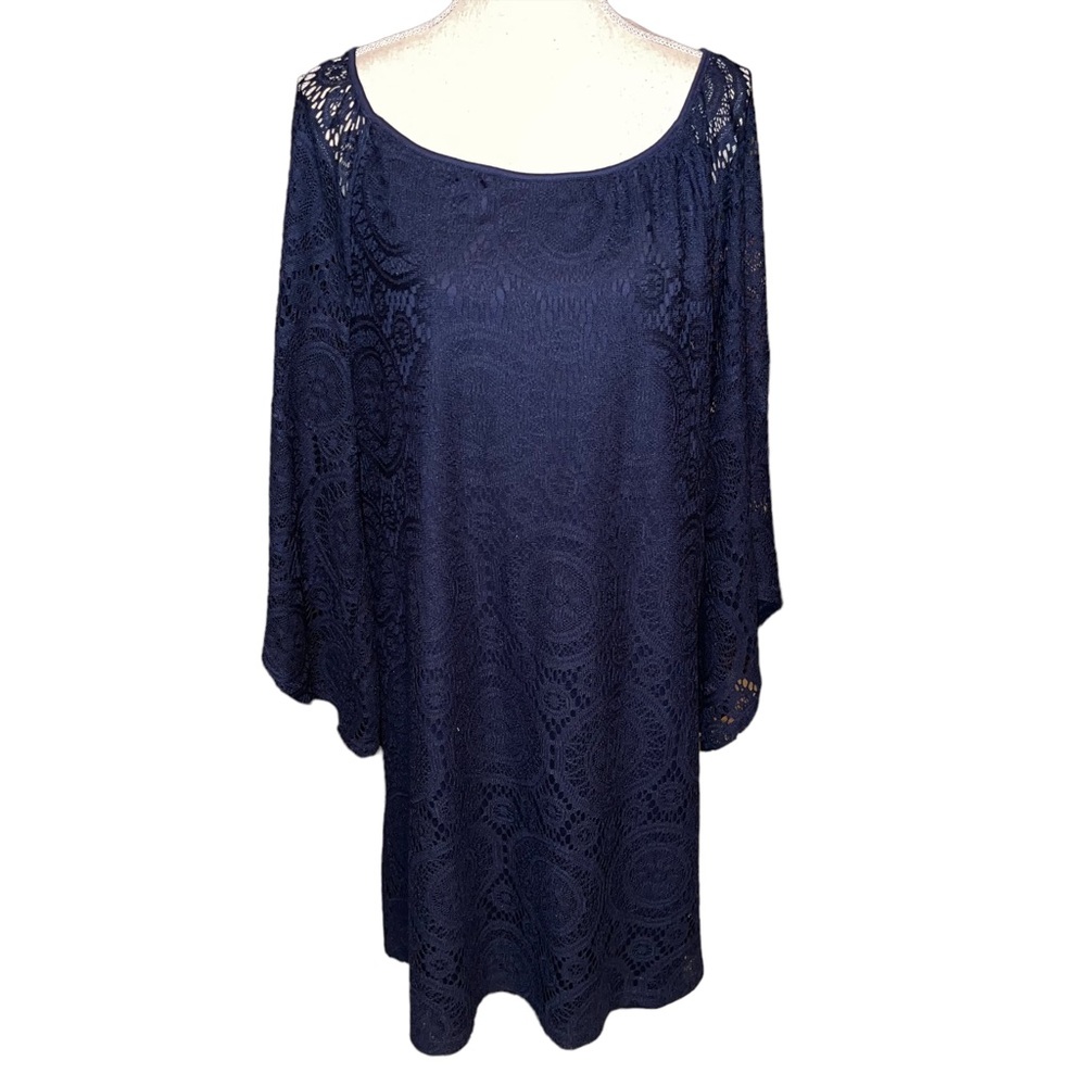 Tecera Women’s Navy Blue Lace Overlay Dress Bell Sleeves Size 1x Lined